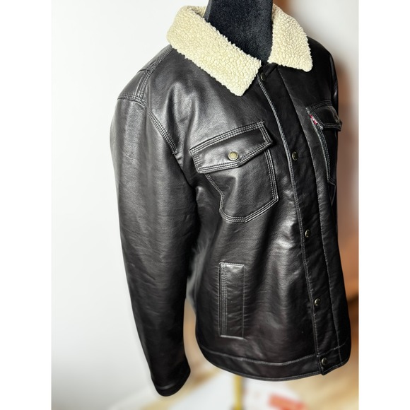 Levi Strauss Co Mens Faux Leather Sherpa Lined Trucker Jacket Dark Brown Size M - Picture 7 of 16
